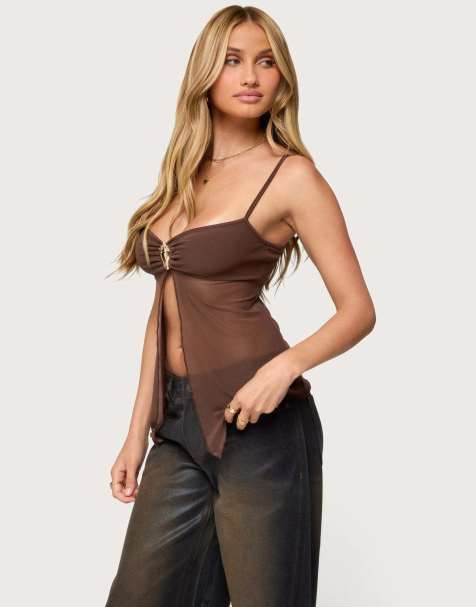 Edikted Reeve split front sheer mesh top in brown - view 1