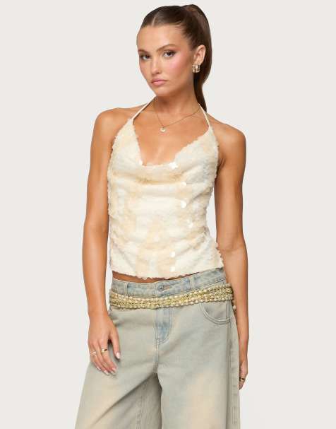 Edikted Reid backless sequin cowl neck top in cream