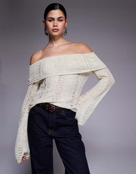 Edikted Renna distressed fold over knit top in cream - view 1