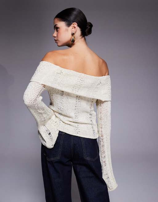 Edikted Renna distressed fold over knit top in cream, 2 of 4