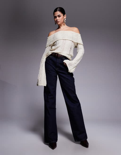 Edikted Renna distressed fold over knit top in cream, 4 of 4