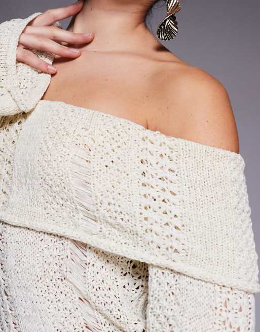 Edikted Renna distressed foldover knit top in cream, 3 of 4