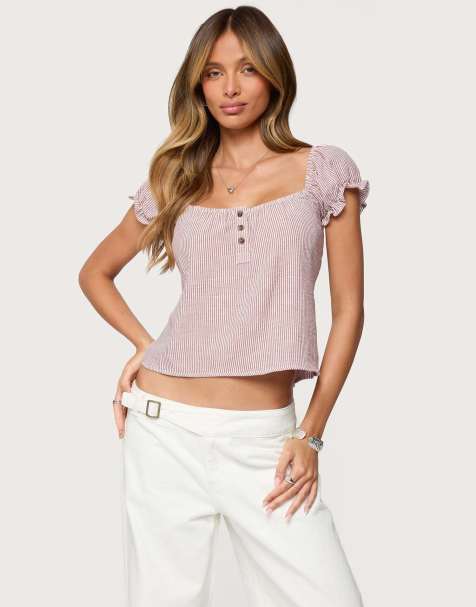 Edikted Rhory pinstripe babydoll top in burgundy