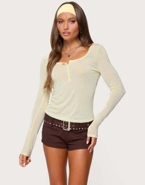 Edikted Ria sheer long sleeve henley top in yellow