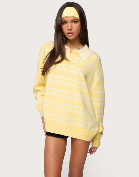 Edikted Rilynn striped polo sweater in yellow and white - view 1