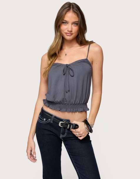 Edikted Ripley tie front tank top in dark gray