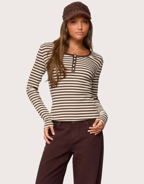 Edikted Roma striped henley top in brown
