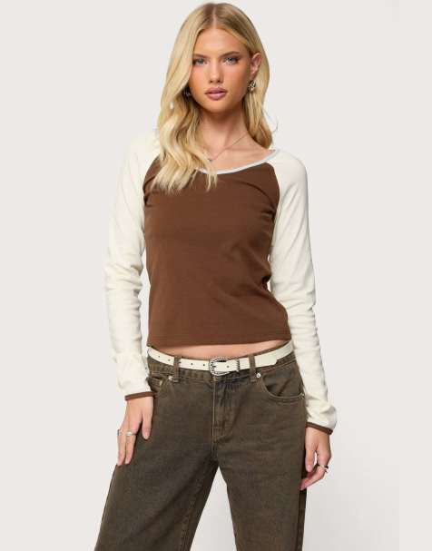 Edikted Ronie contrast raglan top in brown