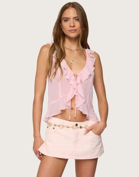 Edikted Roxan ruffle chiffon tie front top in light pink - view 1
