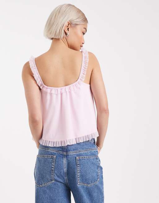 Edikted ruffle mesh babydoll tank top in pink, 4 of 4