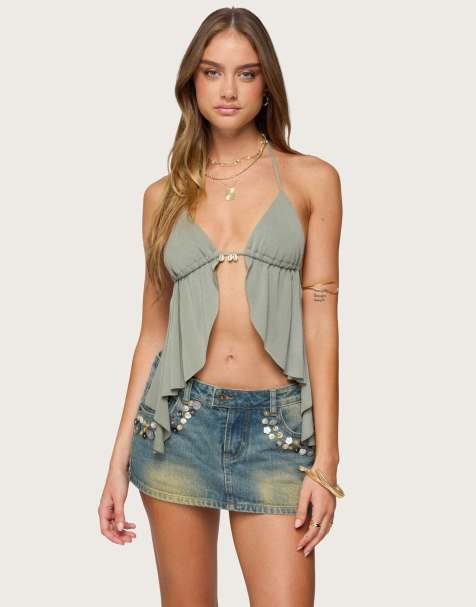Edikted Safi backless split front halter top in olive - view 1