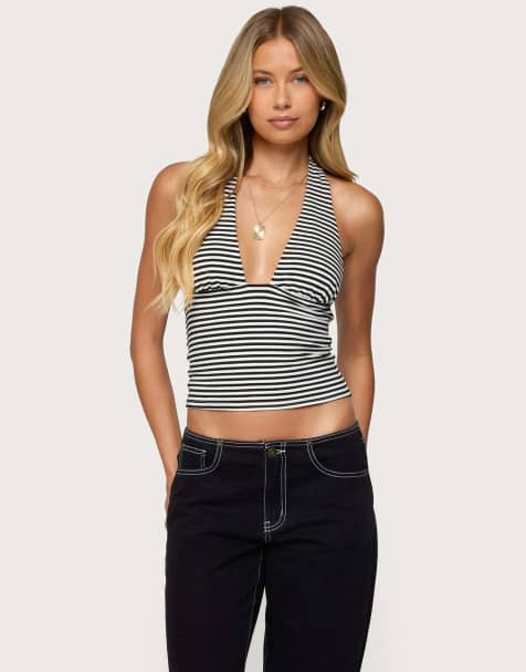 Edikted Sage striped halter top in black and white