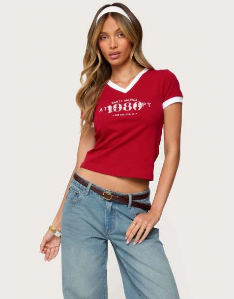 Edikted Santa monica v neck t shirt in red