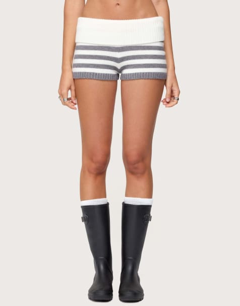 Edikted Saphi striped foldover knit shorts in gray and white