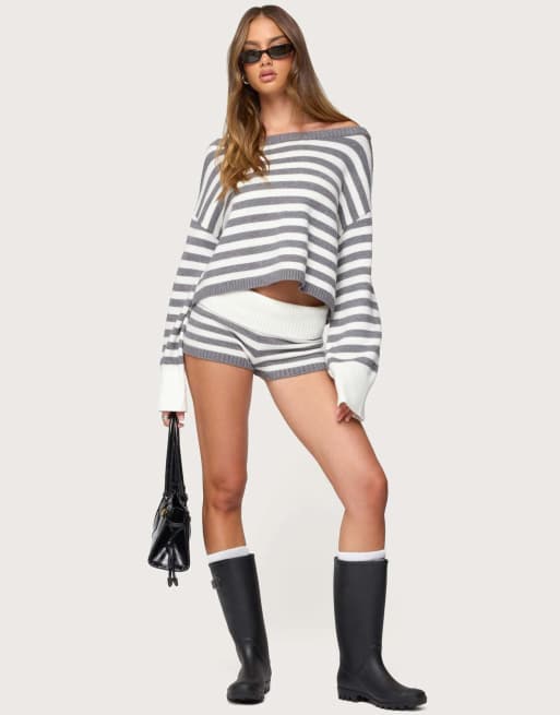 Edikted Saphi striped foldover knit shorts in gray and white | ASOS