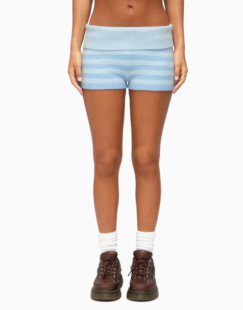 Edikted saphi striped foldover knit shorts in light-blue - view 1
