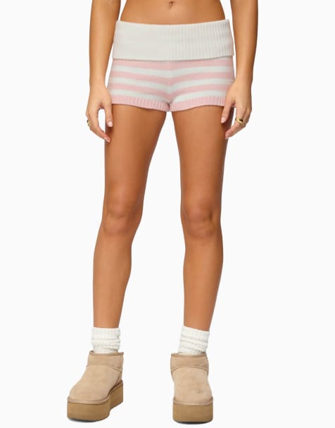 Edikted saphi striped foldover knit shorts in light-pink-and-cream - view 1