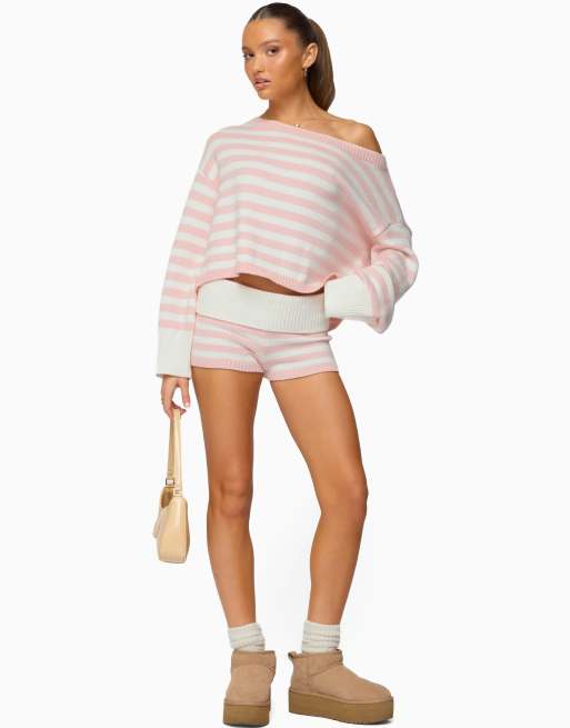 Edikted saphi striped foldover knit shorts in light-pink-and-cream, 5 of 5