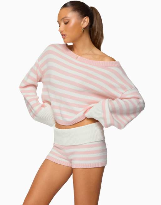 Edikted Saphi striped oversized knit sweater in light-pink-and-cream, 3 of 5