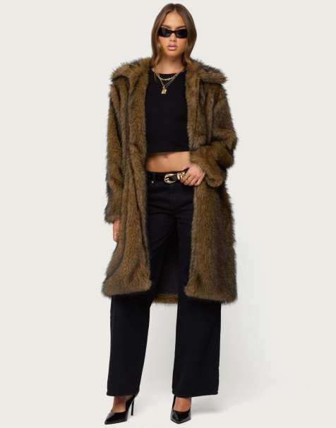 Edikted Saphira oversized faux fur maxi coat in brown - view 1