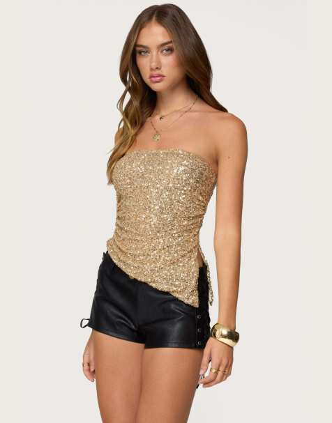 Edikted Sequin asymmetric slit strapless top in gold - view 1