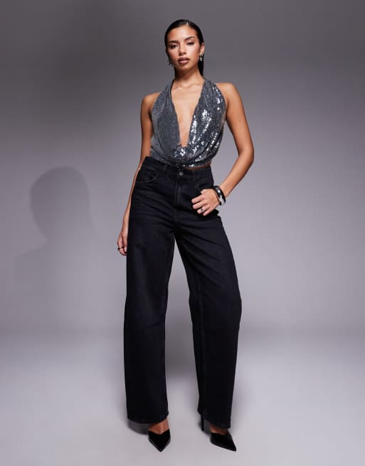 Edikted sequin backless halter neck top in silver, 3 of 4