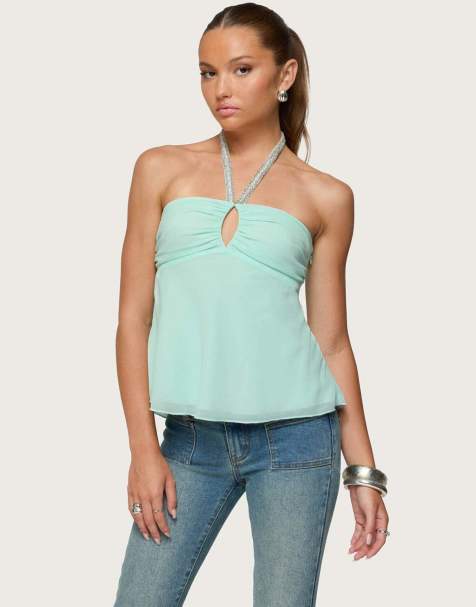 Edikted Sequin chiffon keyhole halter top in aqua - view 1