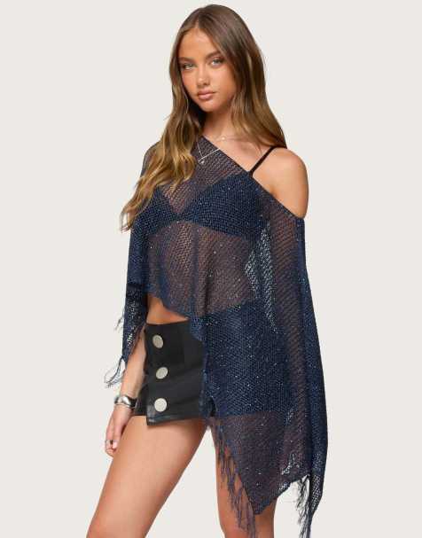 Edikted Sequin fringe knit poncho in navy - view 1