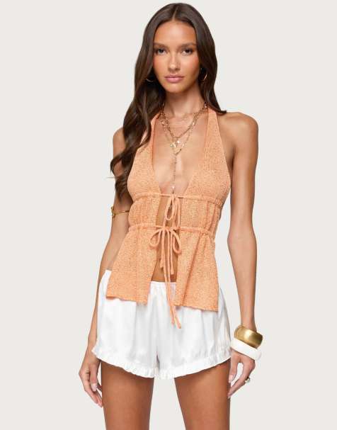 Edikted Sequin knit split front backless top in orange - view 1