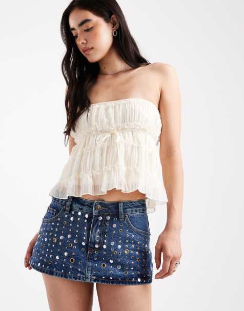 Edikted Seren ruffle chiffon strapless top in cream - view 1