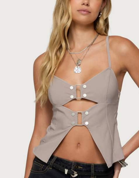 Edikted Shay split front buckle tank top in light gray - view 1