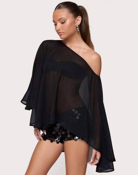 Edikted Sheer chiffon asymmetric poncho in black