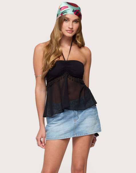 Edikted Sheer chiffon babydoll halter top in black - view 1