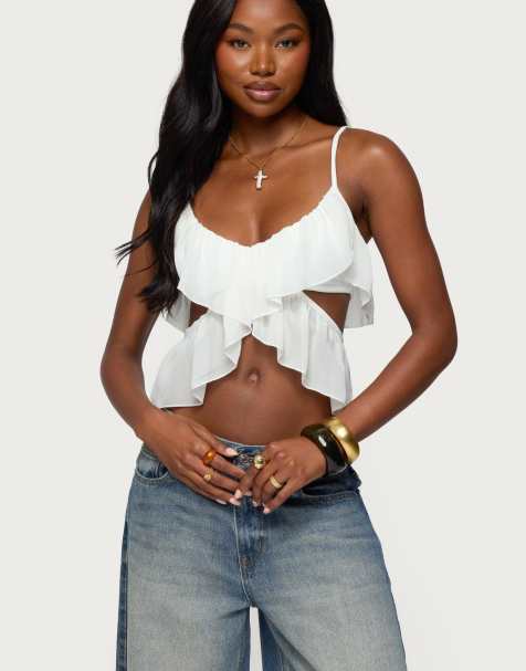 Edikted Sheer chiffon ruffled cut out top in white