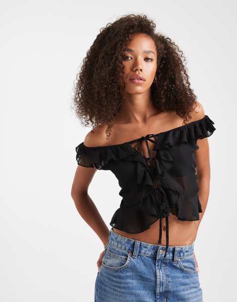 Edikted sheer chiffon ruffled off shoulder top in black