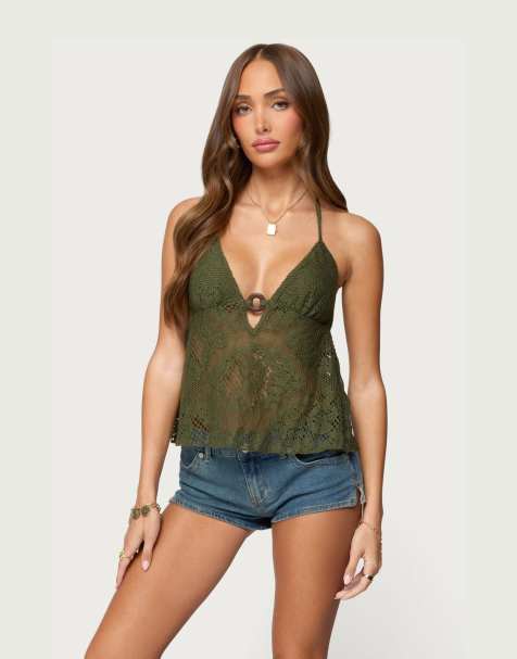 Edikted Sheer crochet babydoll halter top in green - view 1