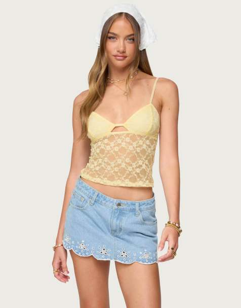Edikted Sheer lace cut out tank top in yellow