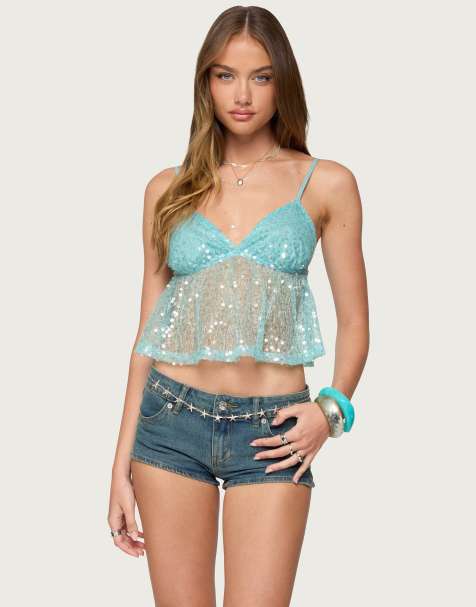 Edikted Sheer sequin babydoll tank top in turquoise - view 1
