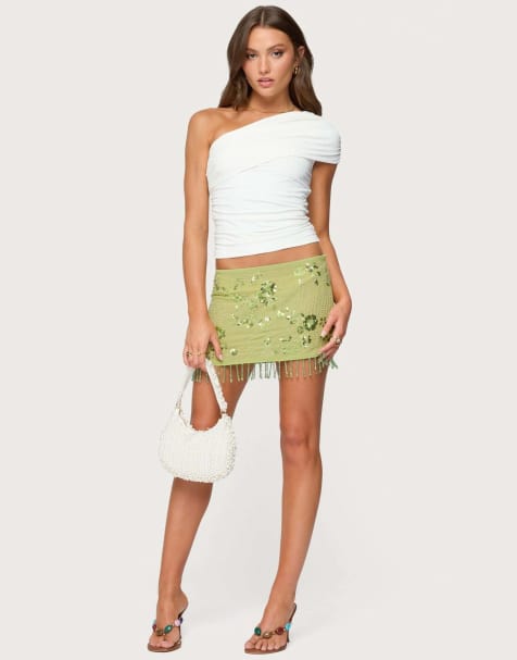 Edikted Sheer sequin bead fringed mini skirt in green - view 1