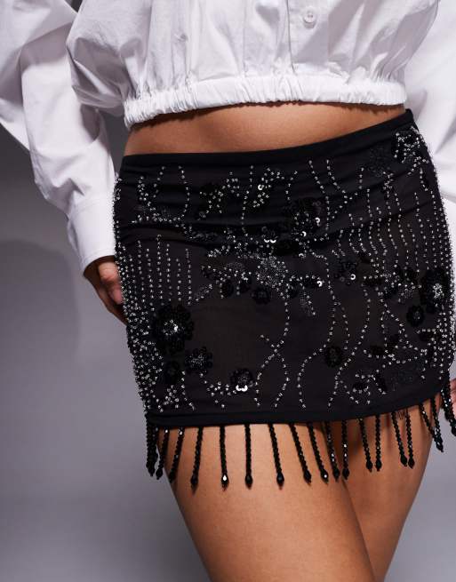 Edikted sheer sequin fringe beaded skirt in black, 2 of 5