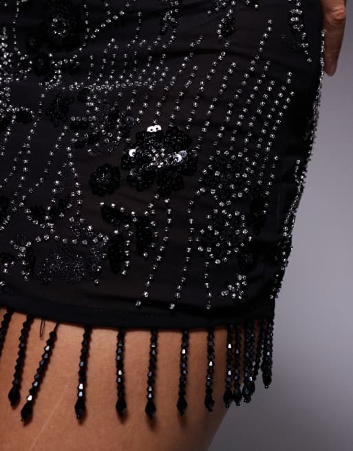 Edikted sheer sequin fringe beaded skirt in black, 4 of 5