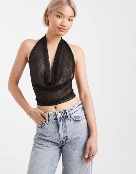 Edikted shiny knit cowl neck backless top in black - view 1