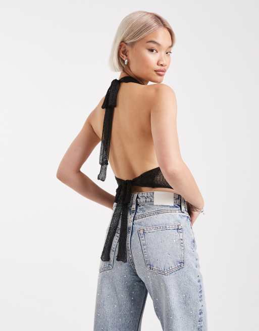 Edikted shiny knit cowl neck backless top in black | ASOS