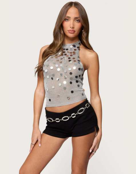Edikted Shiny sequin backless halter top in silver - view 1