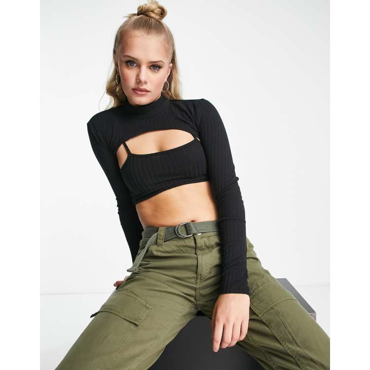 Edikted shrug overlay long sleeve ribbed crop top in black