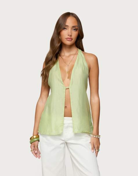 Edikted Silky look split front halter top in sage - view 1