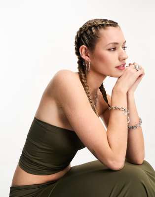 Edikted slinky boob tube crop top with contrast detail - part of a set-Green