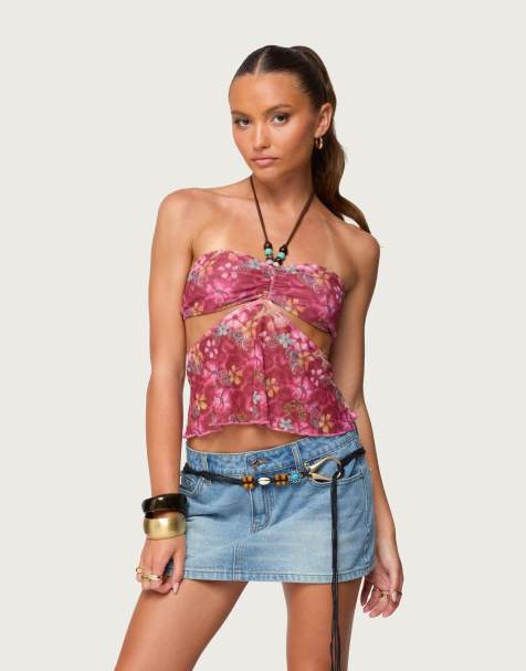 Edikted Solana floral cut out halter top in pink