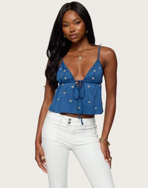 Edikted Soleil embroidered open back top in blue