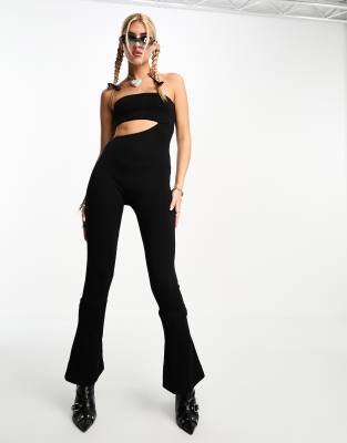 EDIKTED STRAPLESS CUT OUT FLARE JUMPSUIT-BLACK